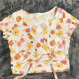 Floral Wrap Top - White, Pink, Orange